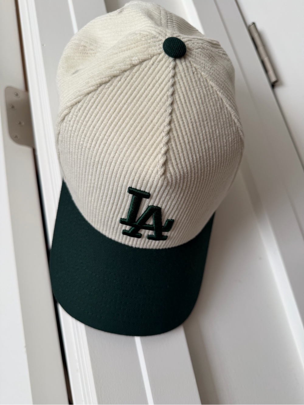 LA Embroidered  Baseball Cap - Cream and Dark Green